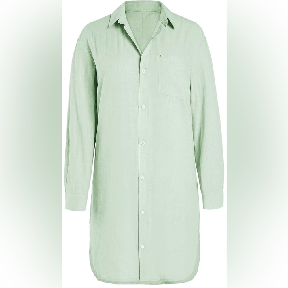 Runcati Women's Linen Cotton Button Down Shirt Cover Up Beach Dress, Green - NWT